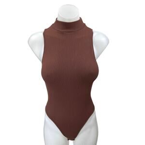 Zara Womens Brown Rib Knit Sleeveless Mock Neck Racerback Bodysuit Tank Top XS/S